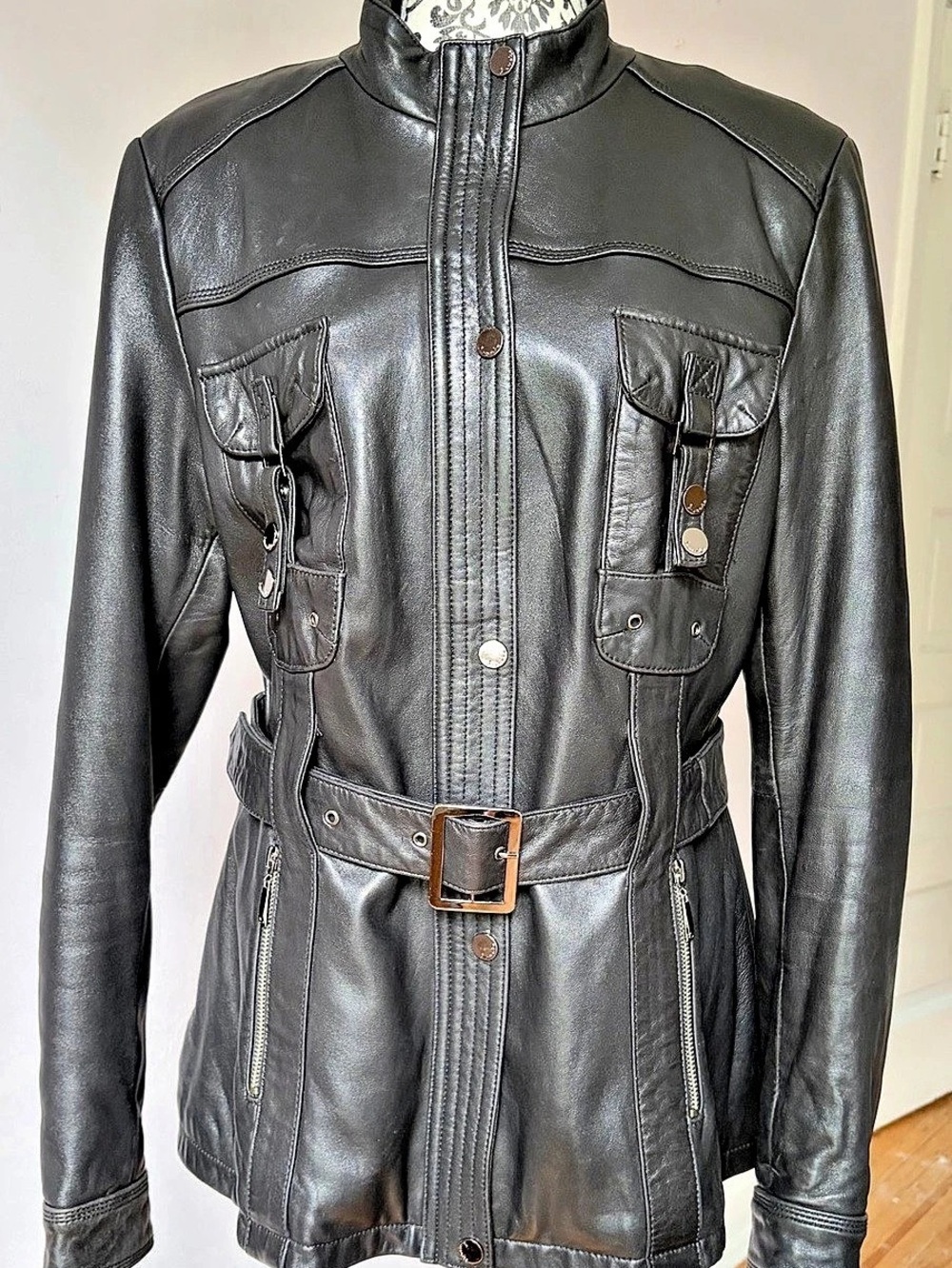 Gorgeous Louake Black Leather Belted Genuine Sheepskin Hip-Length Jacket Size L